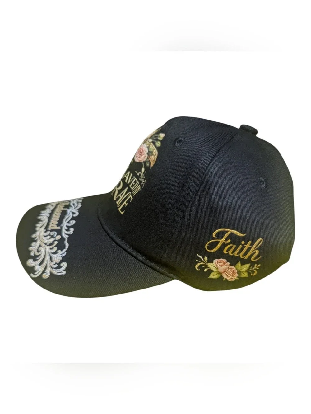 NEW Saved By Grace Redeemed Black Baseball Cap O/S Adjustable Hat Cross Floral